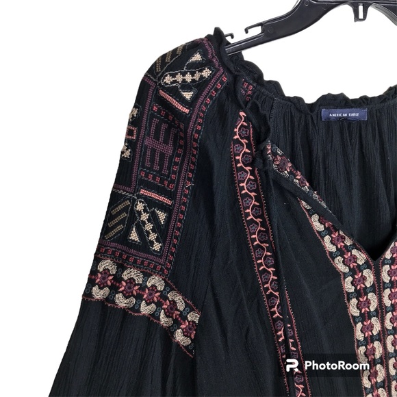 American Eagle Black Embroidered Peasant Top - Picture 6 of 12